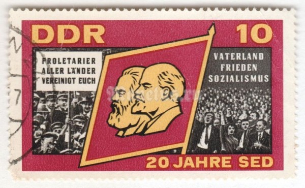 марка ГДР 10 пфенниг "Flag with Marx and Lenin" 1966 год Гашение