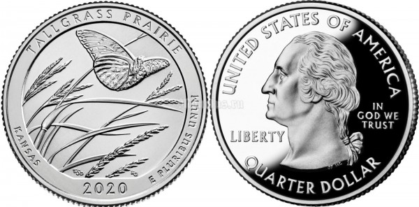 монета США 25 центов 2020 год Канзас, Национальный заповедник Толлграсс-Прери, 55-й парк