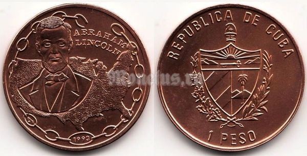 монета Куба 1 песо 1993 год Авраам Линкольн