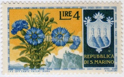 марка Сан-Марино 4 лиры "Flowers 1st Set" 1953 год