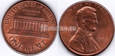 монета США 1 цент 1989 год без отметки монетного двора