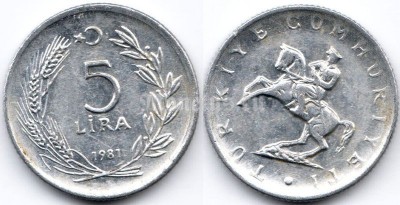 монета Турция 5 лир 1981 год