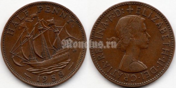 монета Великобритания ½ пенни 1958 год