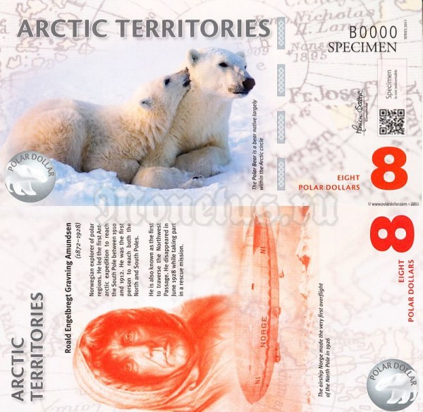 банкнота-образец Арктика 8 долларов 2011 год, пластик