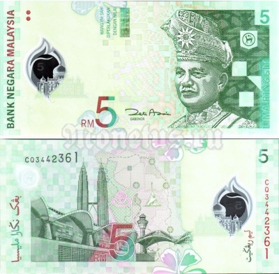 банкнота Малайзия 5 ринггит 2004 год пластик