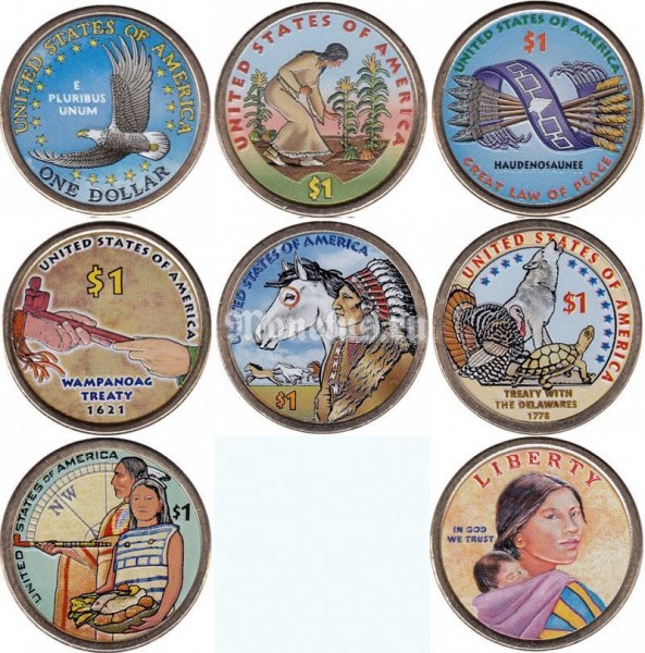 Набор из 7-ми монет США 1 доллар 2000-2014  год цветная эмаль