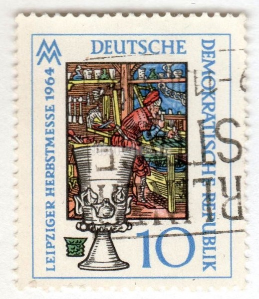 марка ГДР 10 пфенниг "Medieval Glass Workshop" 1964 год Гашение