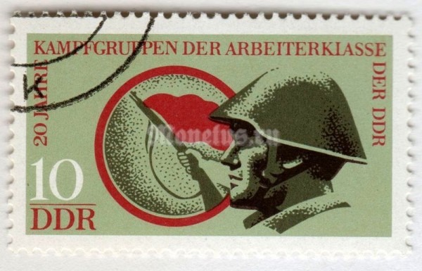 марка ГДР 10 пфенниг "Fighter, emblem" 1973 год Гашение