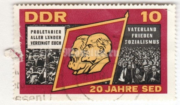 марка ГДР 10 пфенниг "Flag with Marx and Lenin**" 1966 год Гашение