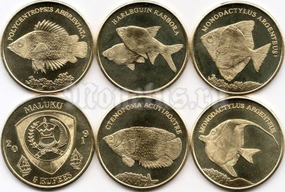 Малуку набор из 5-ти монет 5 рупий 2019 год Рыбы