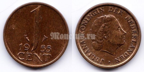 монета Нидерланды 1 цент 1955 год
