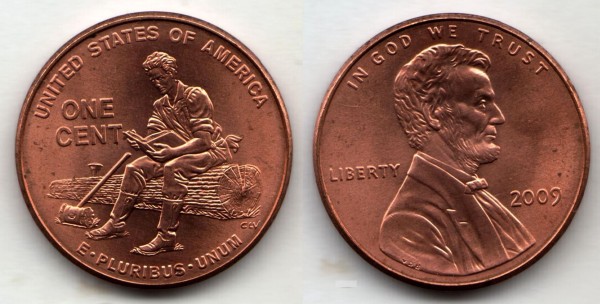 Монета США 1 цент 2009 год становление в штате Индиана (1816-1830) 200-летие со дня рождения президента Авраама Линкольна и 100-летие первого выпуска цента Линкольна