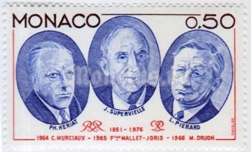 марка Монако 0,50 франка "Hériat (1898-1971), Supervielle (1884-1960), Pierard (1886-1" 1976 год