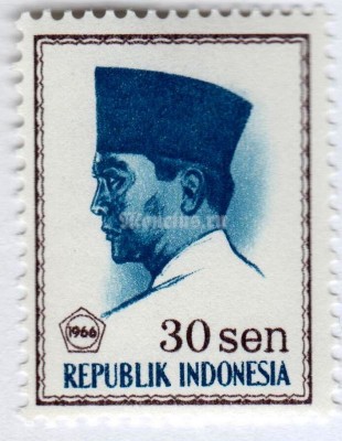 марка Индонезия 30 сен "President Sukarno (overprinted)" 1966 год