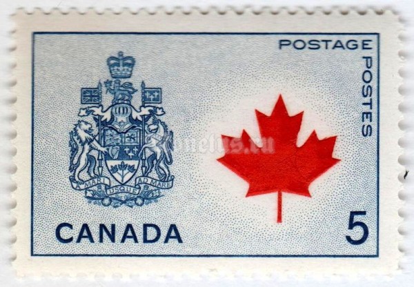 марка Канада 5 центов "Canada, Coat of Arms and Maple Leaf" 1966 год