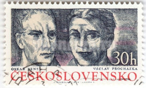 марка Чехословакия 30 геллер "Oskar Beneš and Václav Procházka" 1974 год Гашение