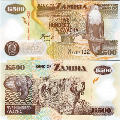 банкнота Замбия 500 квачей 2003 год, пластик