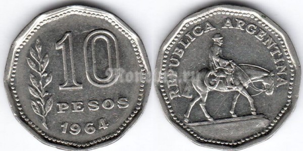 монета Аргентина 10 песо 1964 год