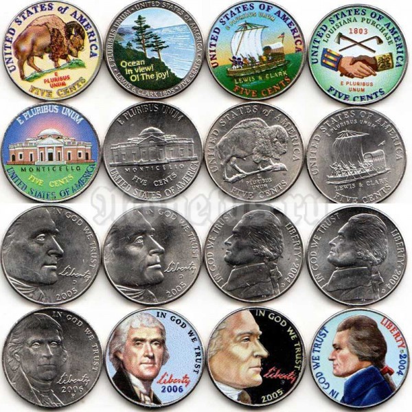 Набор из 8-ми монет США  5 центов эмаль