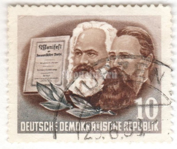 марка ГДР 10 пфенниг "Communist Manifesto, Marx and Engels" 1953 год Гашение