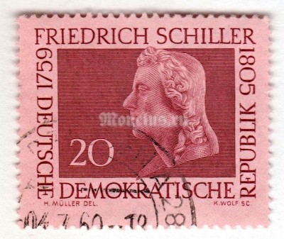 марка ГДР 20 пфенниг "Friedrich Schiller" 1959 год Гашение