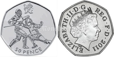 монета Великобритания 50 пенсов 2011 год Летние Олимпийские игры в Лондоне 2012 год - фехтование