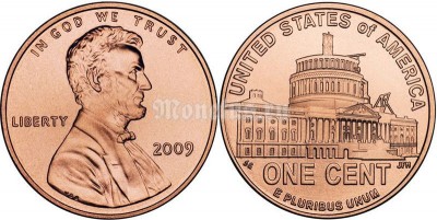 Монета США 1 цент 2009 года президентство в Вашингтоне (1861-1865) 200-летие со дня рождения президента Авраама Линкольна и 100-летие первого выпуска цента Линкольна