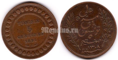монета Тунис 5 сантимов 1891 год А