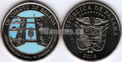 монета Панама 1/4 бальбоа 2016 год - 100 лет строительству Панамского канала - Расширение канала 2007-2016