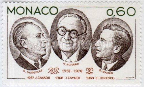 марка Монако 0,60 франка "Dorgelès (1885-1973), Achard (1899-1974), Bauer (1888-1967)" 1976 год
