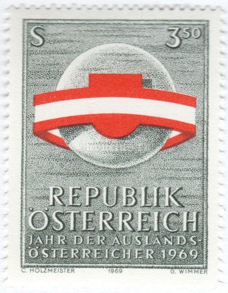 марка Австрия 3,50 шиллинга "Globe surrounded by Austrian flag ribbon" 1969 год