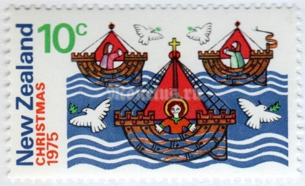 марка Новая Зеландия 10 центов "Three Ships" 1975 год
