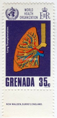 марка Гренада 35 центов "Lung Transplantation" 1968 год