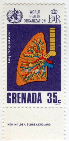 марка Гренада 35 центов "Lung Transplantation" 1968 год