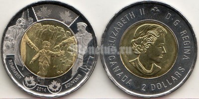 монета Канада 2 доллара 2014 год 75 лет с начала Второй Мировой войны