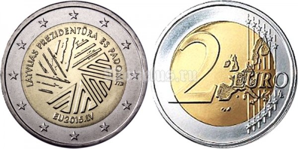 Монета Латвия 2 евро 2015 год председательство в совете ЕС