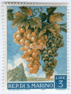 марка Сан-Марино 3 лиры "Bunch of Grapes (Vitis vinifera)" 1958 год