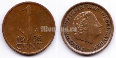 монета Нидерланды 1 цент 1958 год