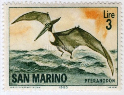 марка Сан-Марино 3 лиры "Pteranodon" 1965 год