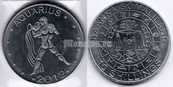 монета Сомалиленд 10 шиллингов 2012 год серия Знаки зодиака - водолей