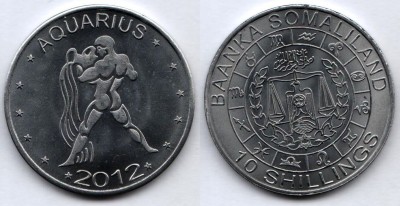 монета Сомалиленд 10 шиллингов 2012 год серия Знаки зодиака - водолей