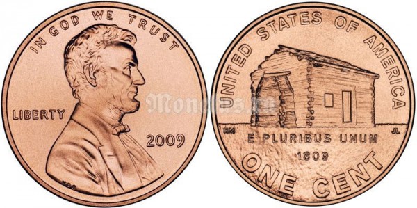 Монета США 1 цент 2009 года рождение и раннее детство в штате Кентукки (1809-1816) 200-летие со дня рождения президента Авраама Линкольна и 100-летие первого выпуска цента Линкольна
