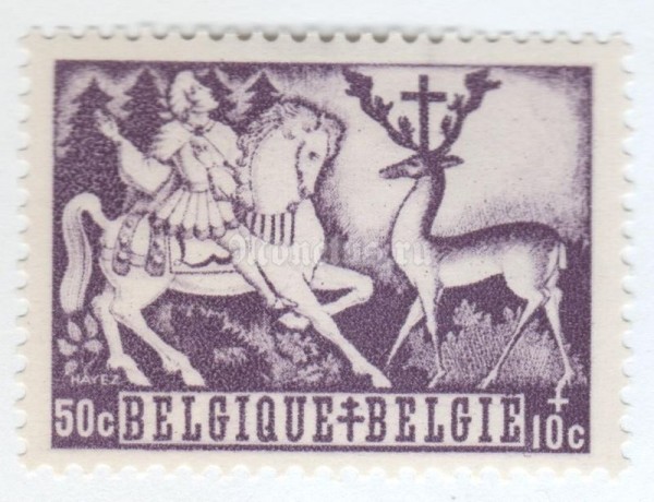 марка Бельгия 50+10 сентим "Holy Hubertus meets the white deer" 1944 год