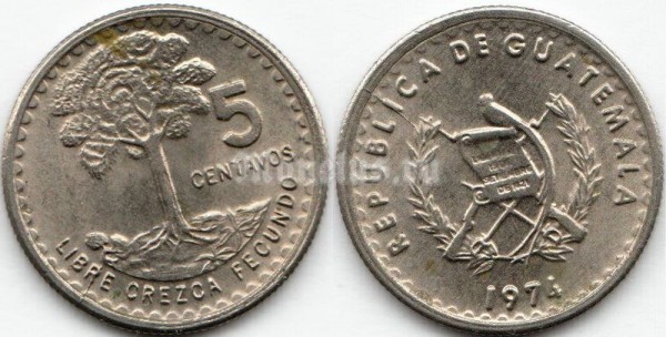 монета Гватемала 5 сентаво 1974 год
