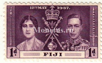 марка Фиджи 1 пенни 1937 год Коронация Короля Георг VI