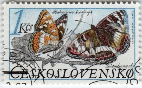 марка Чехословакия 1 крона "Poplar Admiral (Limenitis populi)" 1987 год гашение №2