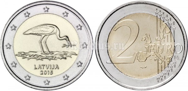 Монета Латвия 2 евро 2015 год Чёрный аист
