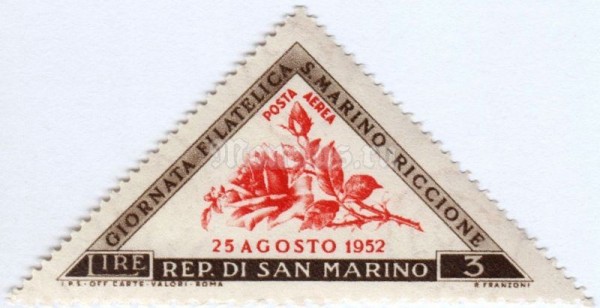 марка Сан-Марино 3 лиры "Stampexhibition Riccione Aug 25 1952" 1952 год