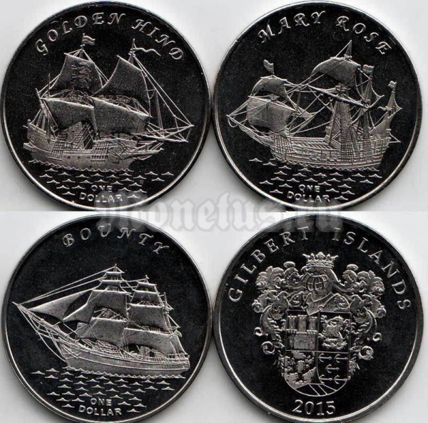 Острова Гилберта (Кирибати) набор из 3-х монет 1 доллар 2015 год "Знаменитые Парусники" Голден Хинд, Мэри Роуз, Баунти
