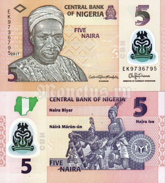 Банкнота Нигерия 5 найра 2017 год, пластик